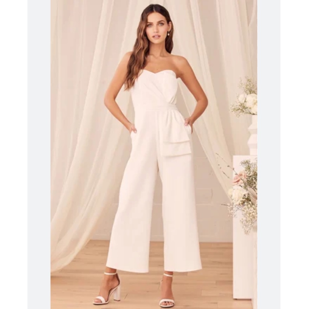 Lulus Won A Heart White Strapless Wide Leg Cropped Jumpsuit M